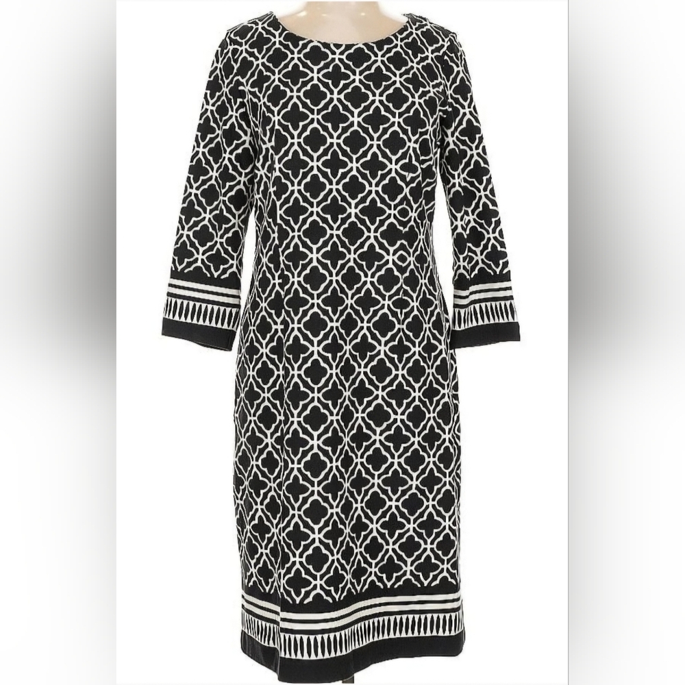Talbots Modern Geometric Career Black & White Sheath Long Sleeve Dress Size10‎
